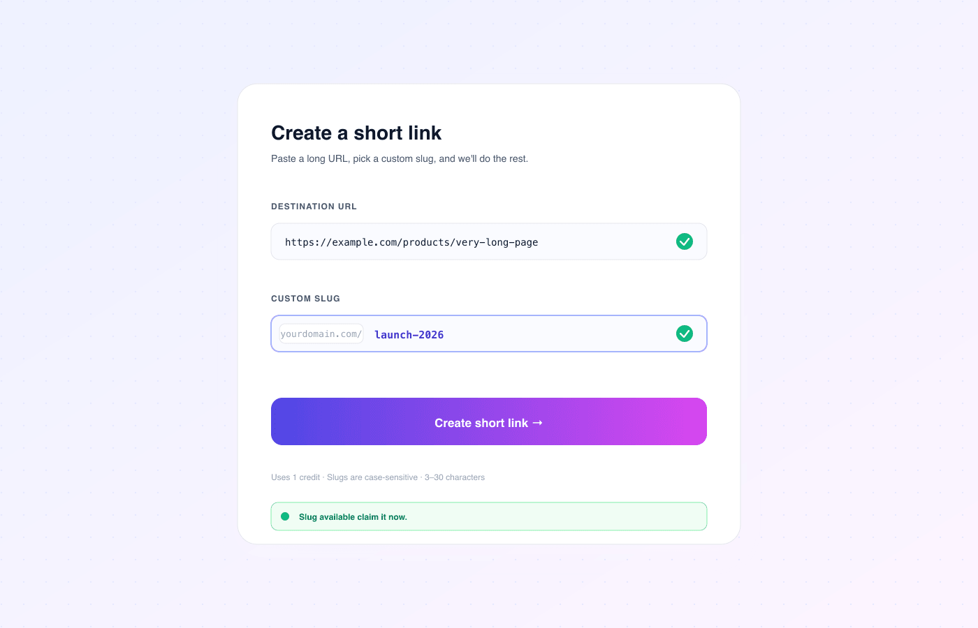 Snip composer with destination URL and custom slug inputs
